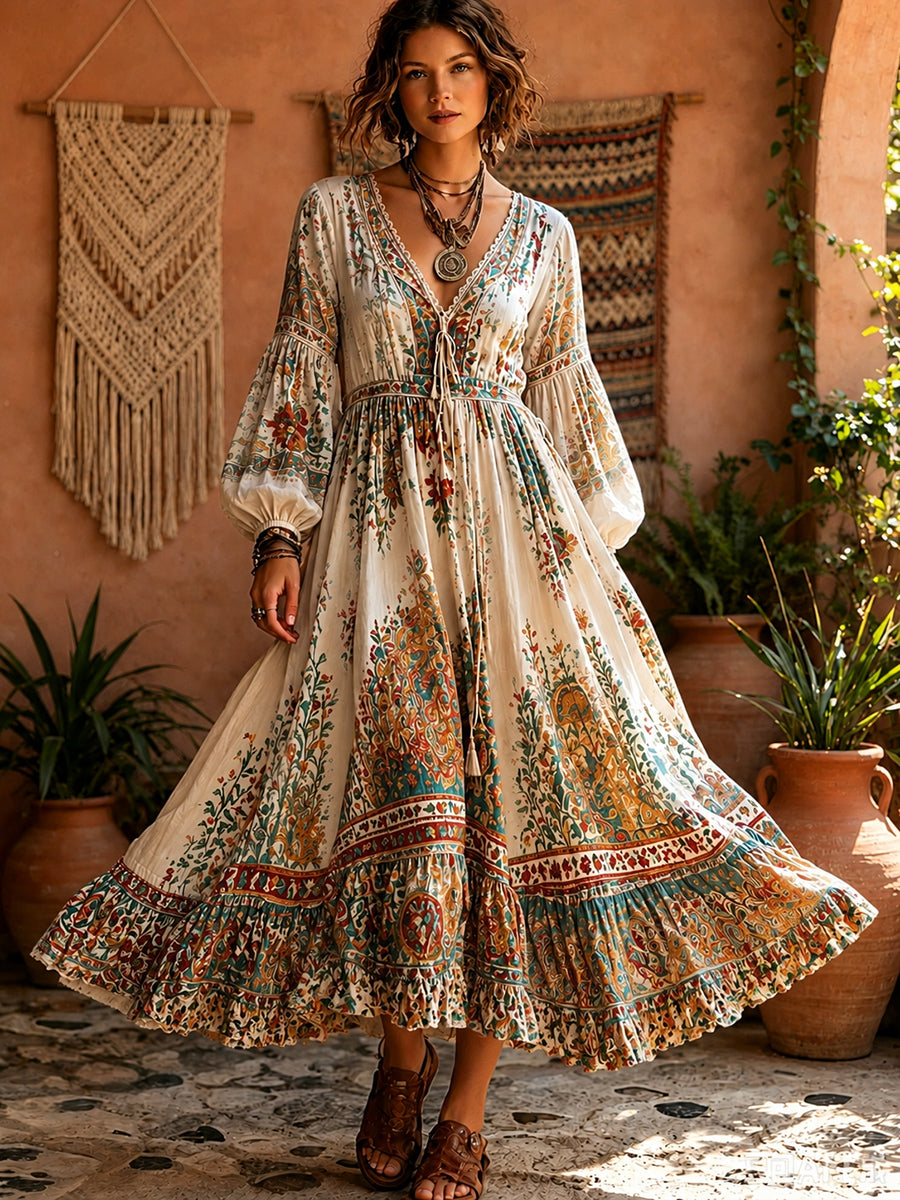Lady's Vintage Bohemian-Style Printed Long Dress