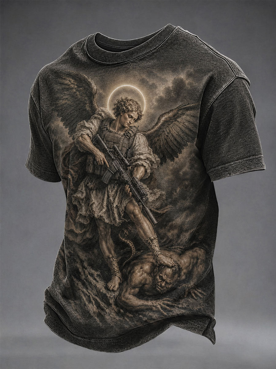 Retro Saint Michael Archangel Art Printed Casual T-shirt