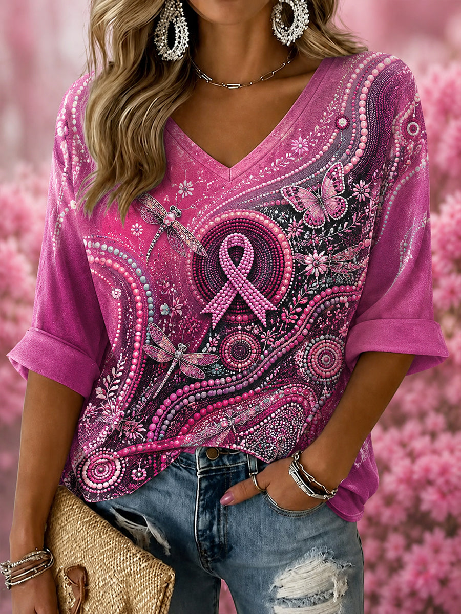 Women's Breast Cancer Awareness In Australia Embroidery Pattern Linen V-Neck Shirt