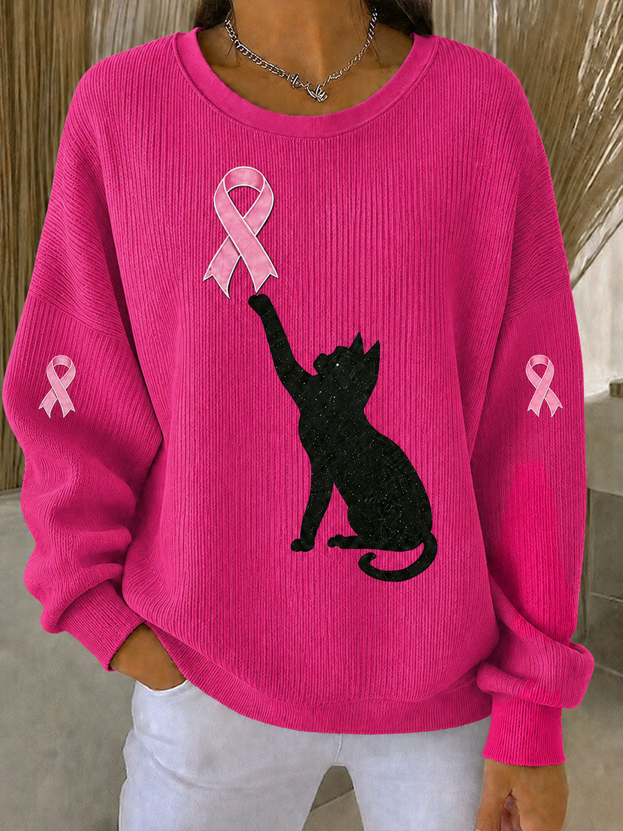 Women's Breast Cancer Awareness Black Cat Pink Ribbon Ribbed Round-Neck Sweatshirt