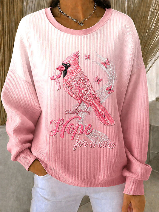 Women's  Breast Cancer Awareness Floral and Bird Design Ribbed Round-Neck Sweatshirt