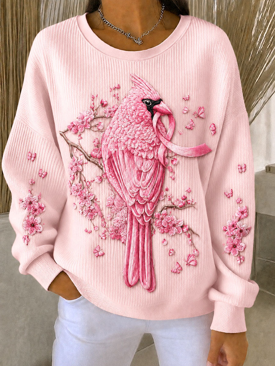 Women's  Breast Cancer Awareness Floral and Bird Design Ribbed Round-Neck Sweatshirt