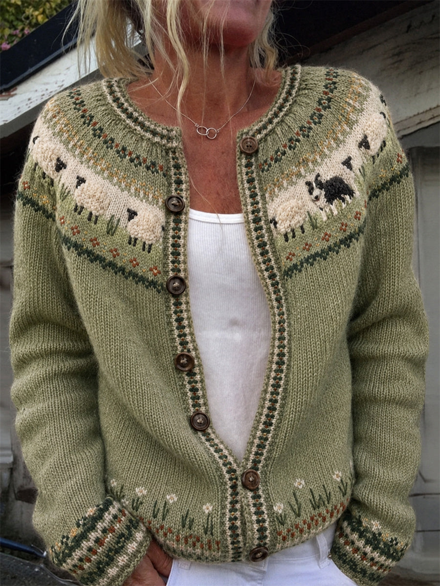 Women's Vintage Farm Border Collie & Sheep Yoke Isle Print Cozy Cardigan