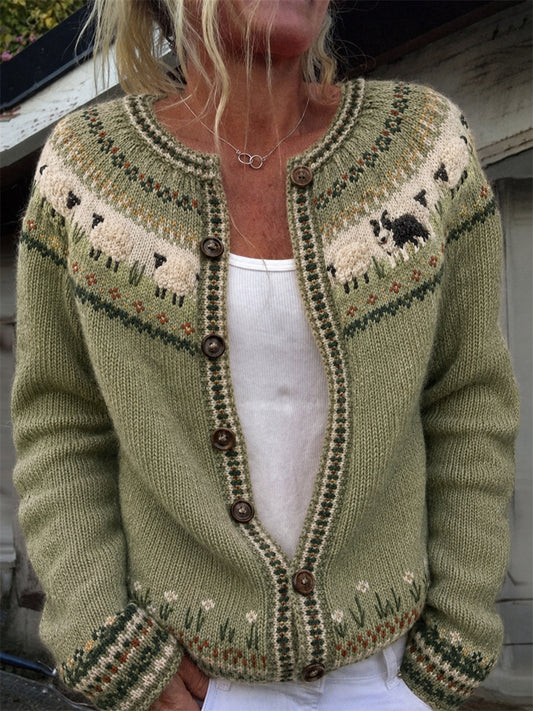 Women's Vintage Farm Border Collie & Sheep Yoke Isle Print Cozy Cardigan