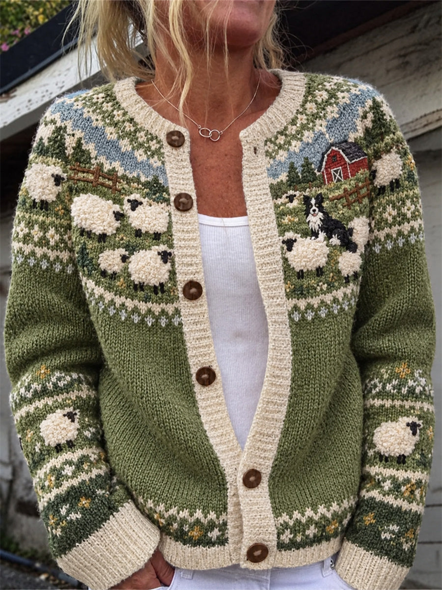 Women's Vintage Farm Border Collie & Sheep Yoke Isle Print Cozy Cardigan