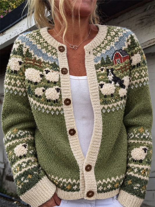Women's Vintage Farm Border Collie & Sheep Yoke Isle Print Cozy Cardigan