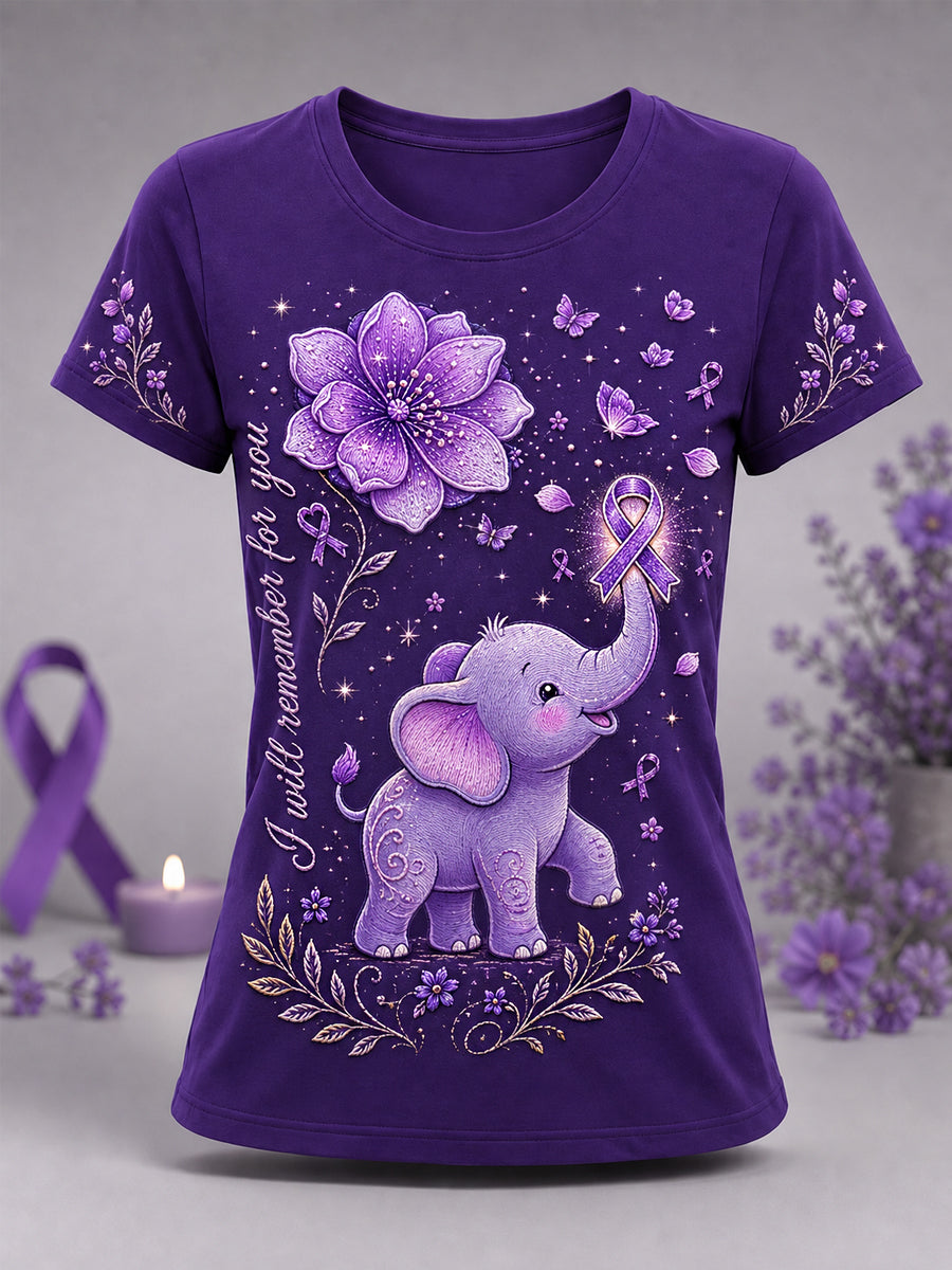 Women's I Will Remember For You Elephant Print Alzheimer's Awareness Support Tee