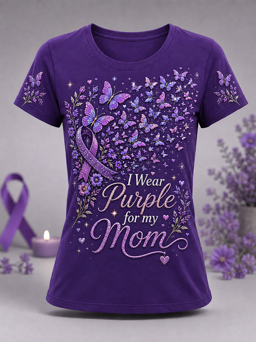 Women's I Wear Purple For My Mom Butterflies Print Alzheimer's Awareness Support Tee