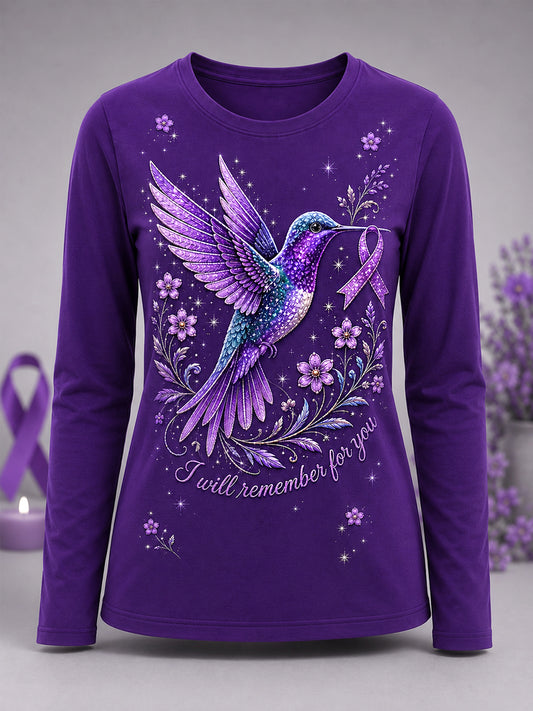 Women's Purple Floral & Hummingbird Print Alzheimer's Awareness Support Long Sleeve T-Shirt