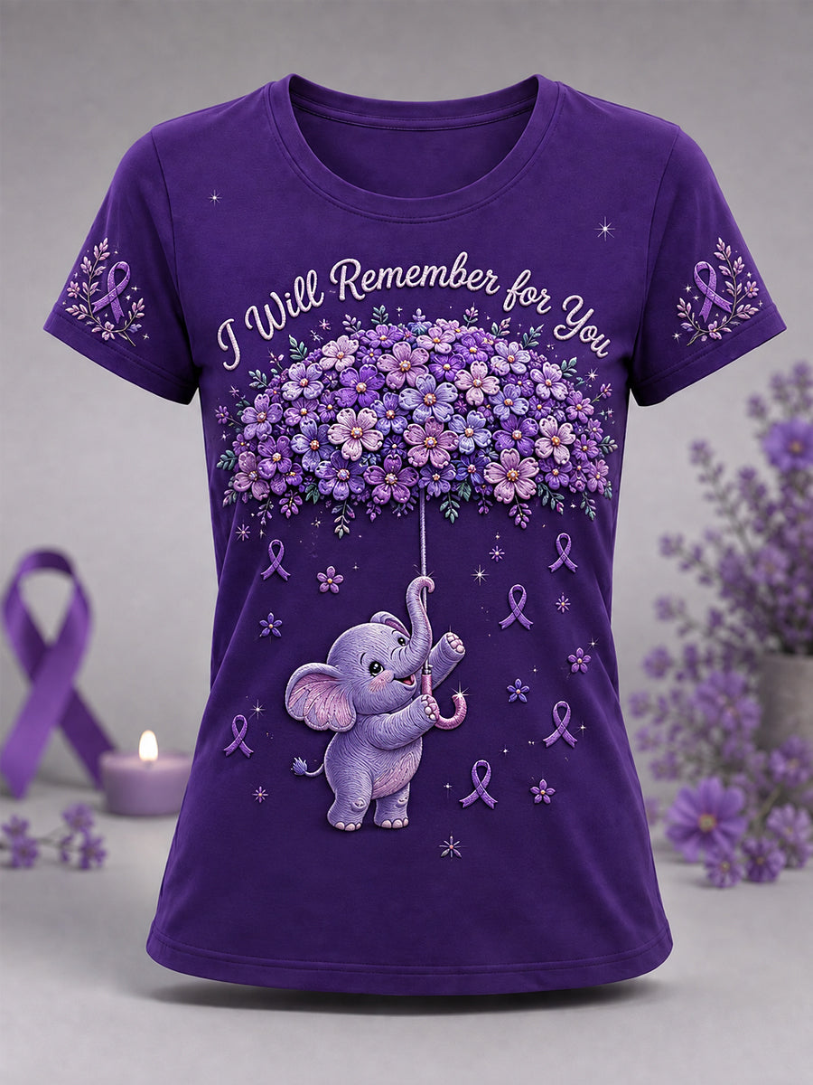 Women's I Will Remember For You Purple Ribbon Elephant Print Alzheimer's Awareness Support Tee