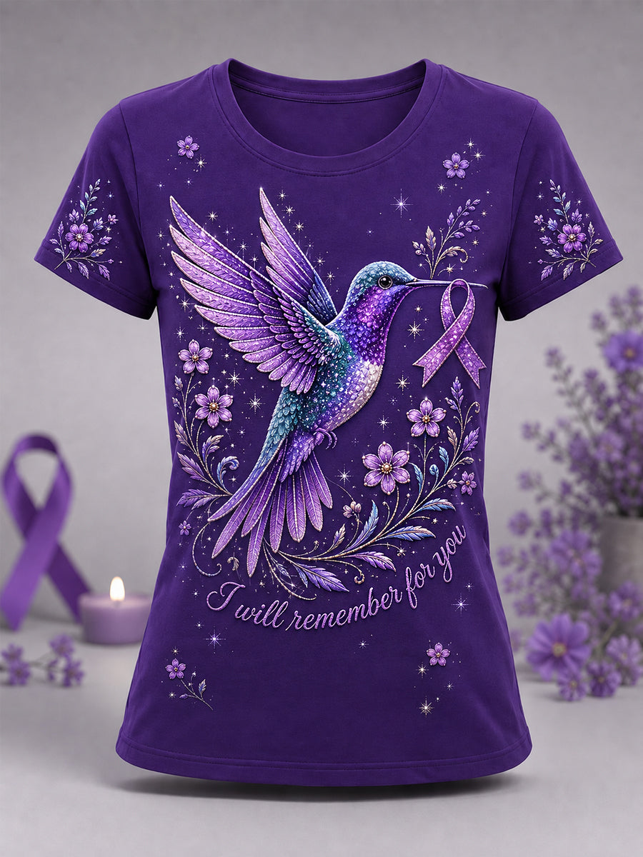 Women's Purple Floral & Hummingbird Print Alzheimer's Awareness Support Tee