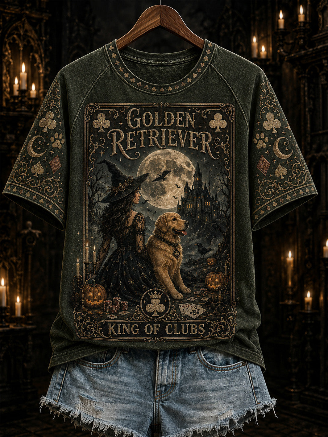 Women's Halloween Poker Elements Witch and Dog Pattern Design Casual Short Sleeve T-Shirt