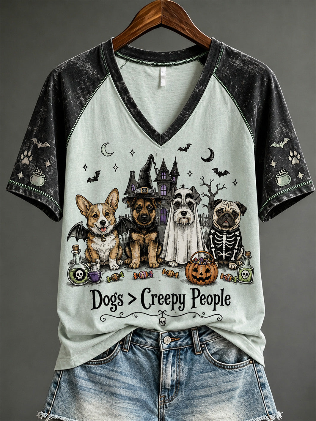 Women's Halloween Cute Dog Pattern Print Casual Short Sleeve T-shirt