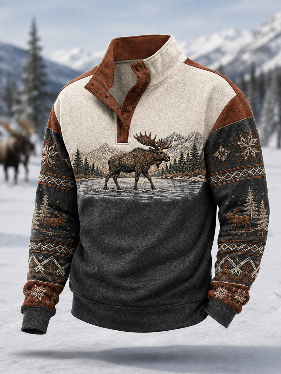 Men's Winter Moose Print Casual Buttons Pullover