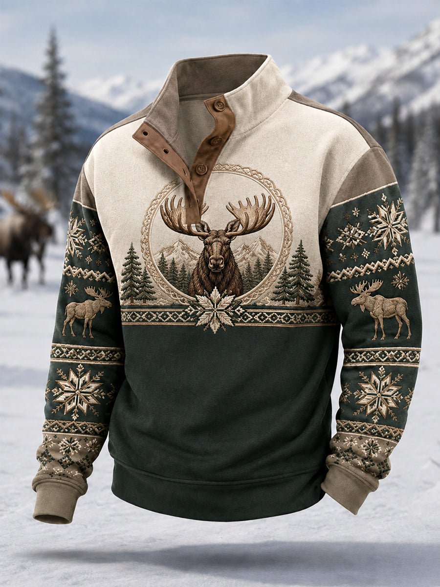 Men's Winter Moose Print Casual Buttons Pullover