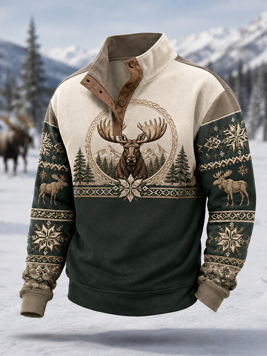 Men's Winter Moose Print Casual Buttons Pullover