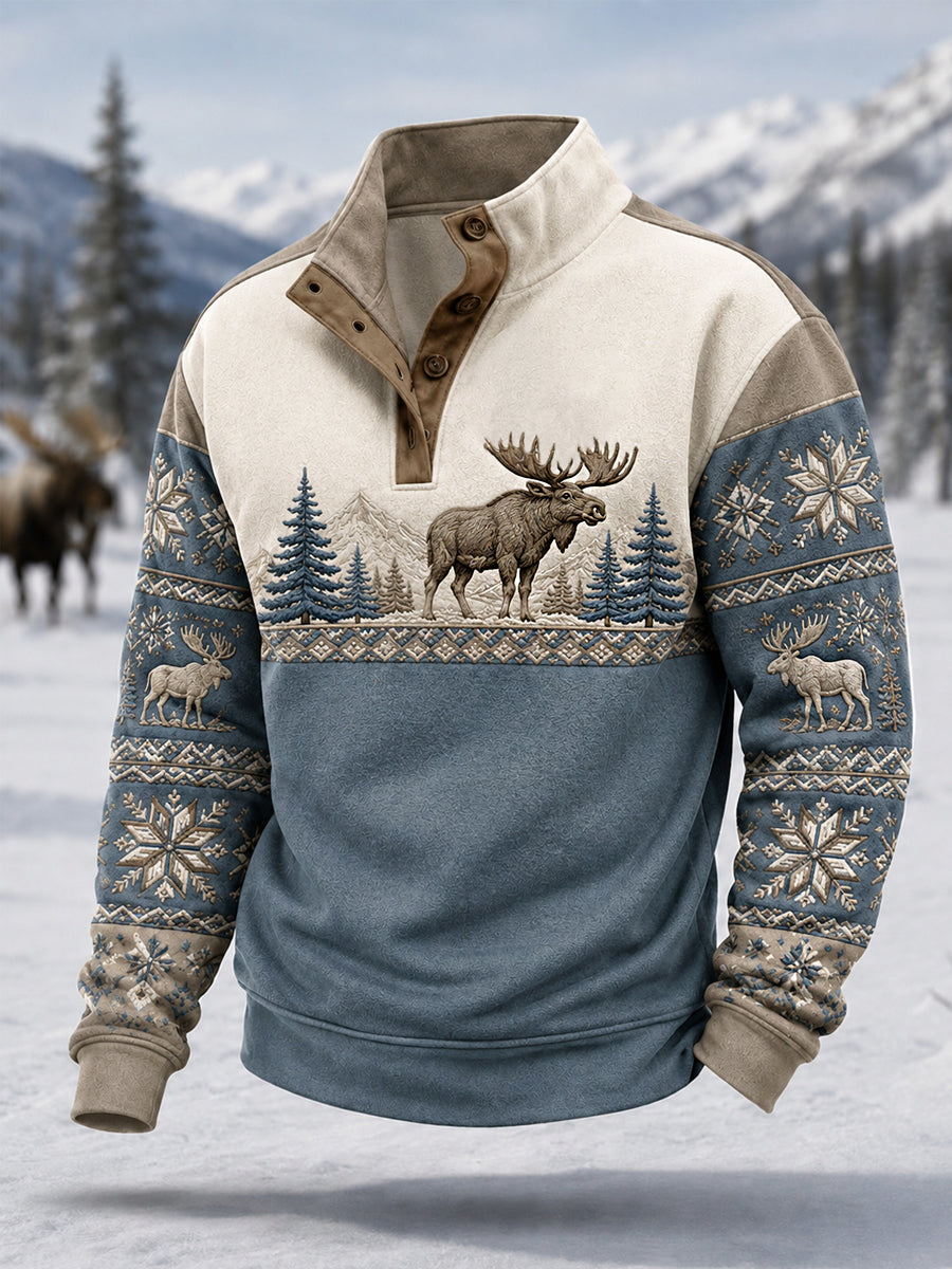 Men's Winter Moose Print Casual Buttons Pullover