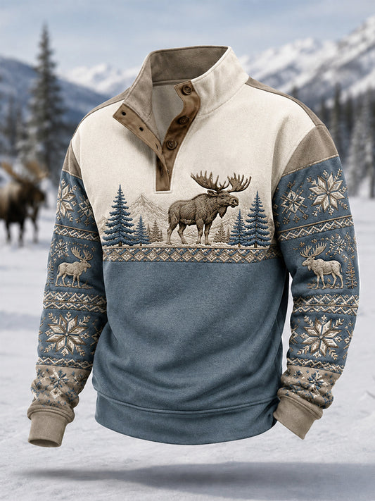 Men's Winter Moose Print Casual Buttons Pullover
