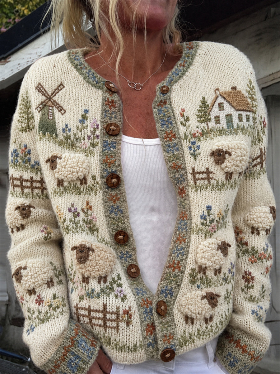 Women's Vintage Farm Fuzzy Sheep Floral Isle Print Cozy Cardigan