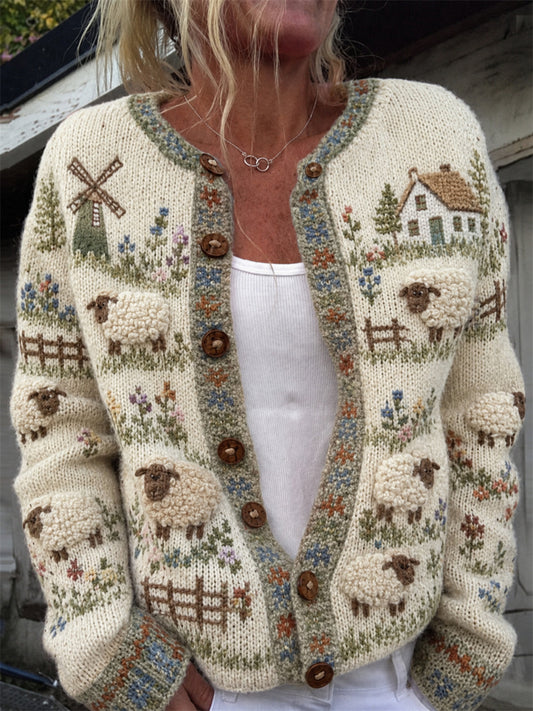 Women's Vintage Farm Fuzzy Sheep Floral Isle Print Cozy Cardigan