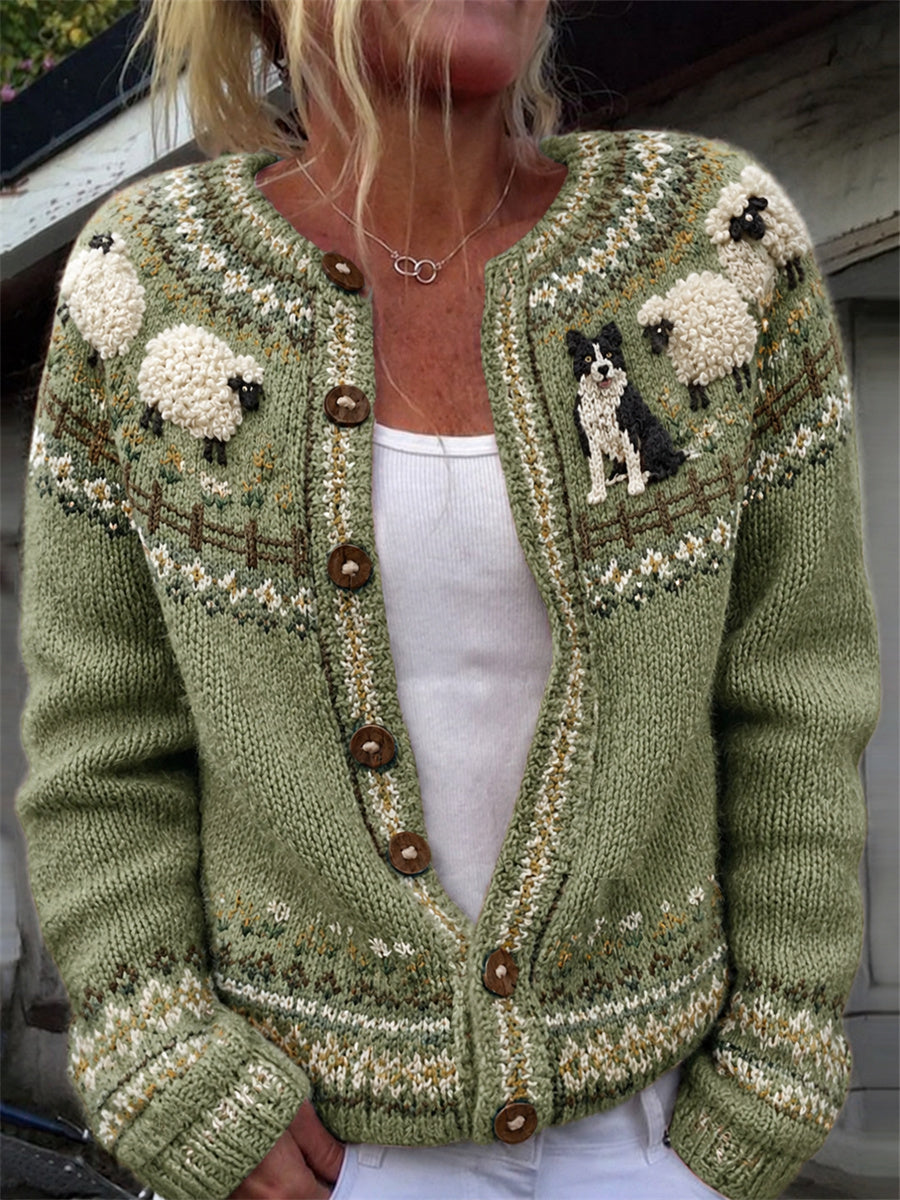 Women's Vintage Farm Border Collie & Fuzzy Sheep Yoke Isle Print Cozy Cardigan