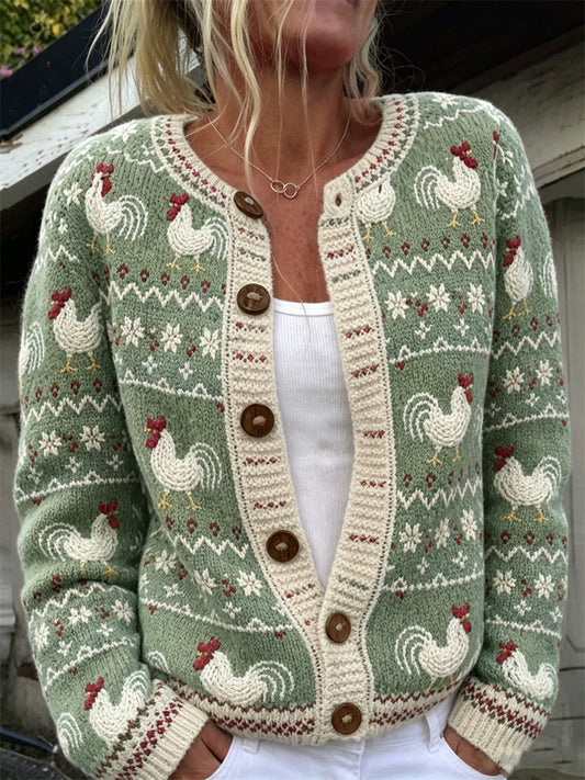 Women's Vintage Farm Roosters Isle Print Cozy Cardigan