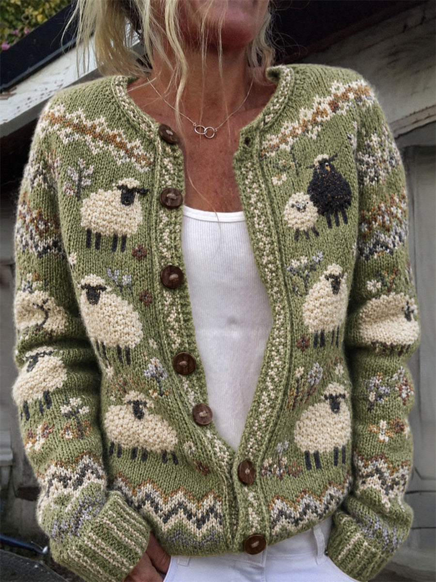 Women's Vintage Farm Fuzzy Sheep Isle Print Cozy Cardigan