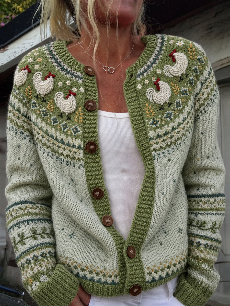 Women's Vintage Farm Roosters Yoke Isle Print Cozy Cardigan