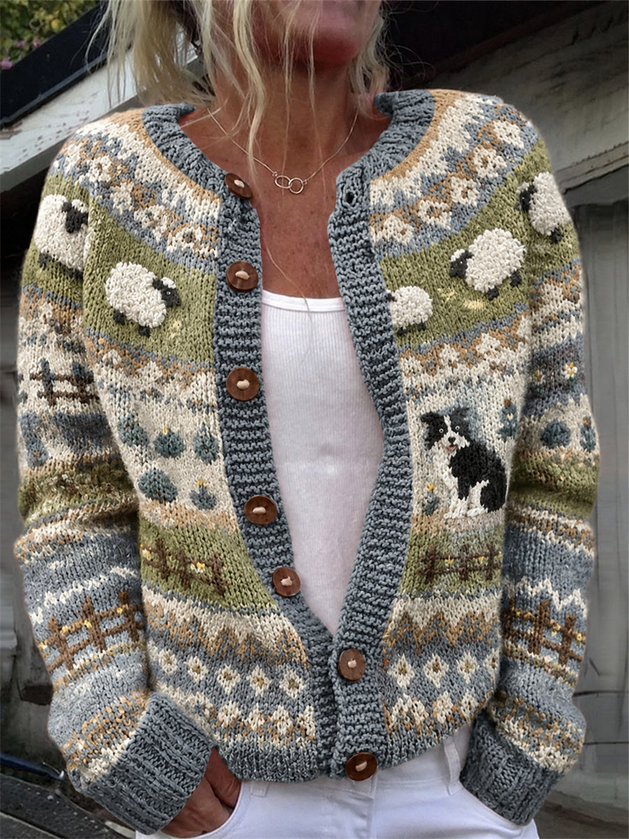 Women's Vintage Farm Border Collie & Fuzzy Sheep Isle Print Cozy Cardigan