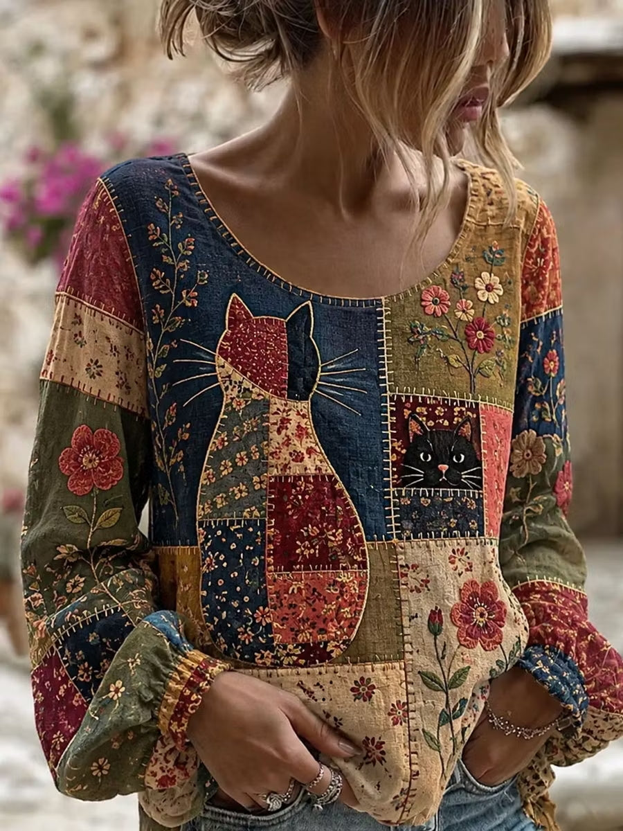 Women's Cat Floral Art Cotton-Linen Shirt