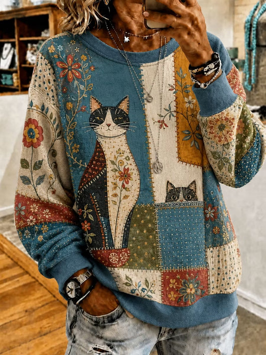 Women's Cat Floral Art Regular Sweatshirt