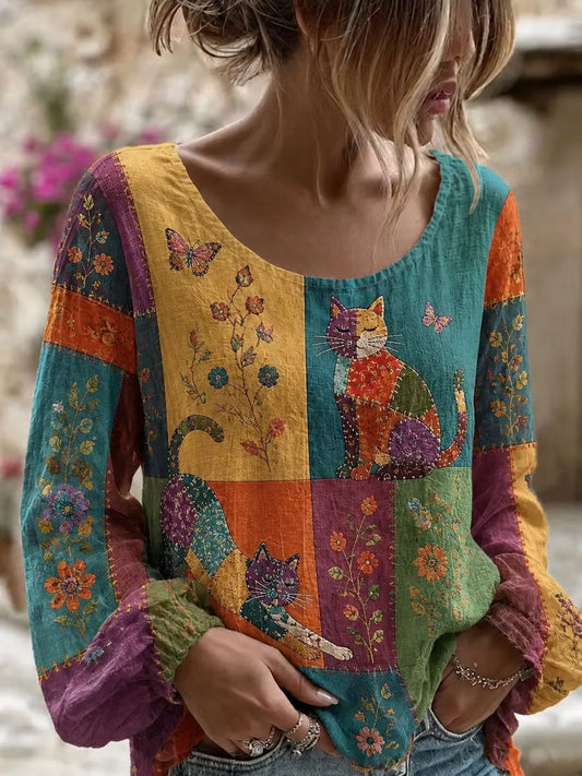 Women's Cat Floral Art Cotton-Linen Shirt