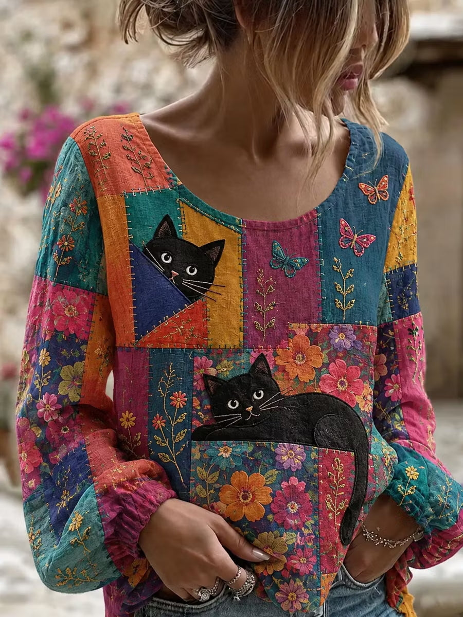 Women's Cat Floral Art Cotton-Linen Shirt
