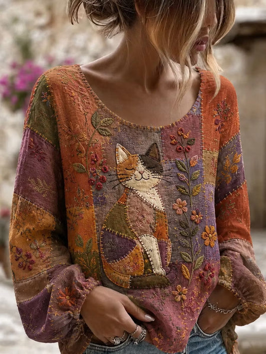 Women's Cat Floral Art Cotton-Linen Shirt