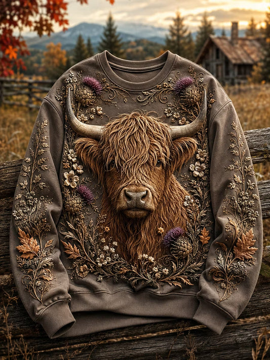 Women's Autumn Cute Highland Cattle Art Regular Sweatshirt