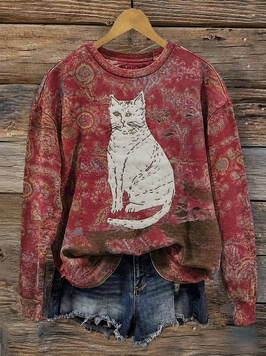 Women's Fabric Art Vintage Style Cat Print Sweatshirt