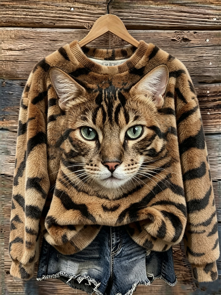 Women's Tabby Cat Face & Pattern Print Cozy Flannel Sweatshirt