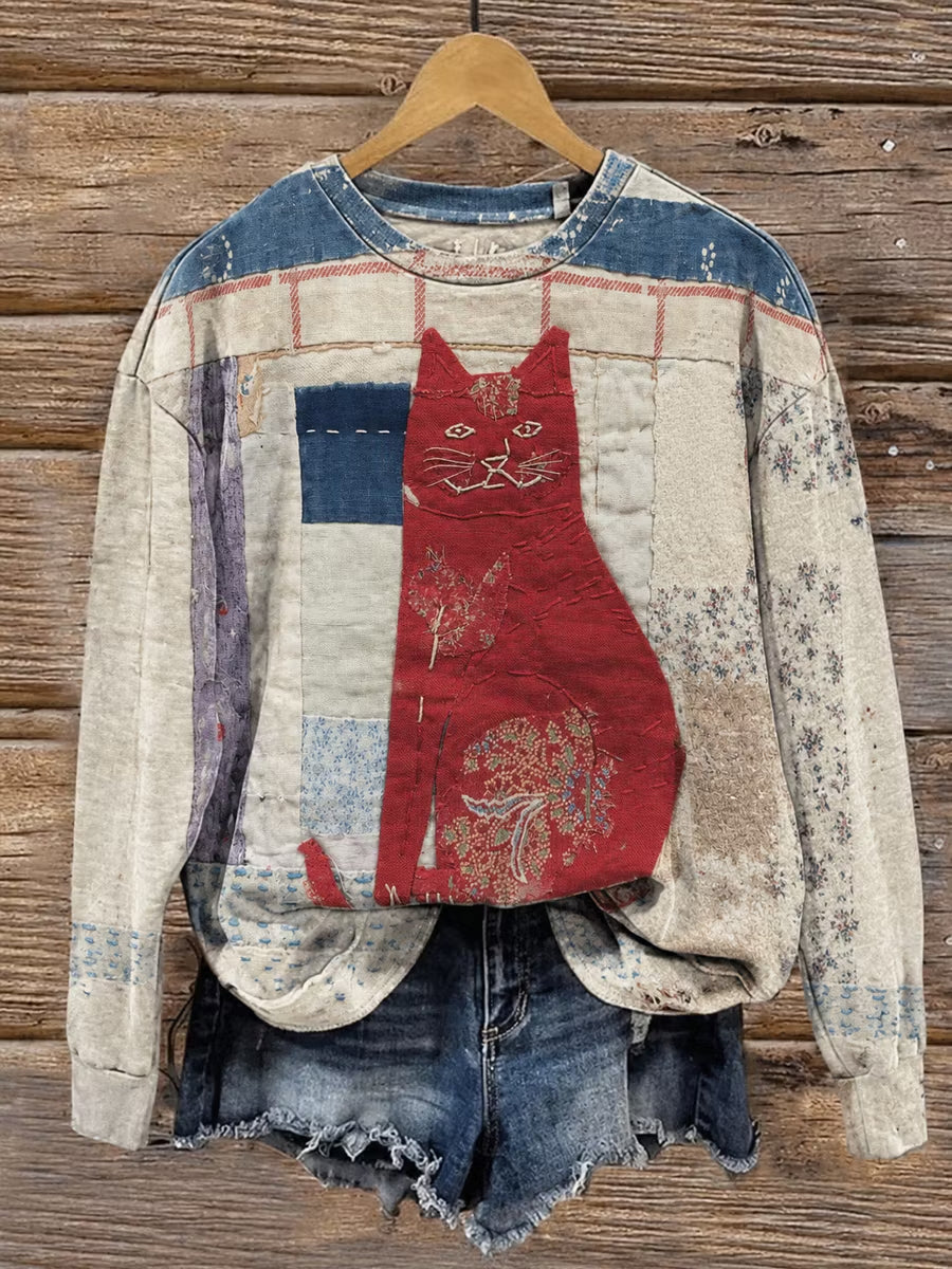 Women's Fabric Art Vintage Style Cat Print Sweatshirt
