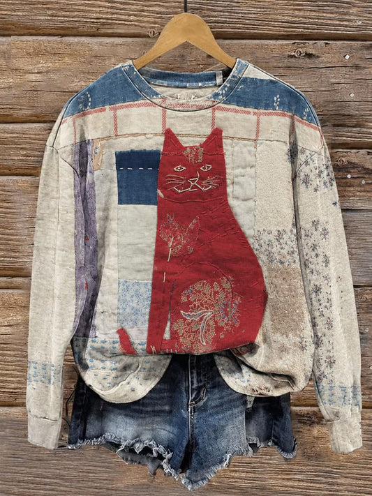 Women's Fabric Art Vintage Style Cat Print Sweatshirt