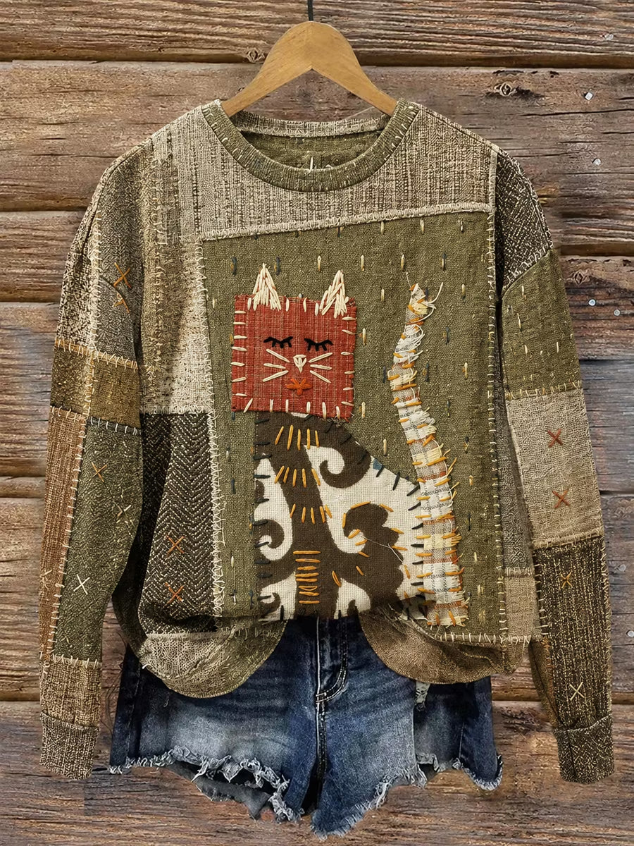 Women's Fabric Art Vintage Style Cat Print Sweatshirt