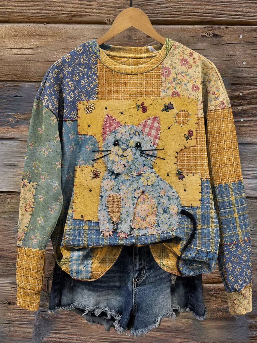Women's Fabric Art Vintage Style Cat Print Sweatshirt
