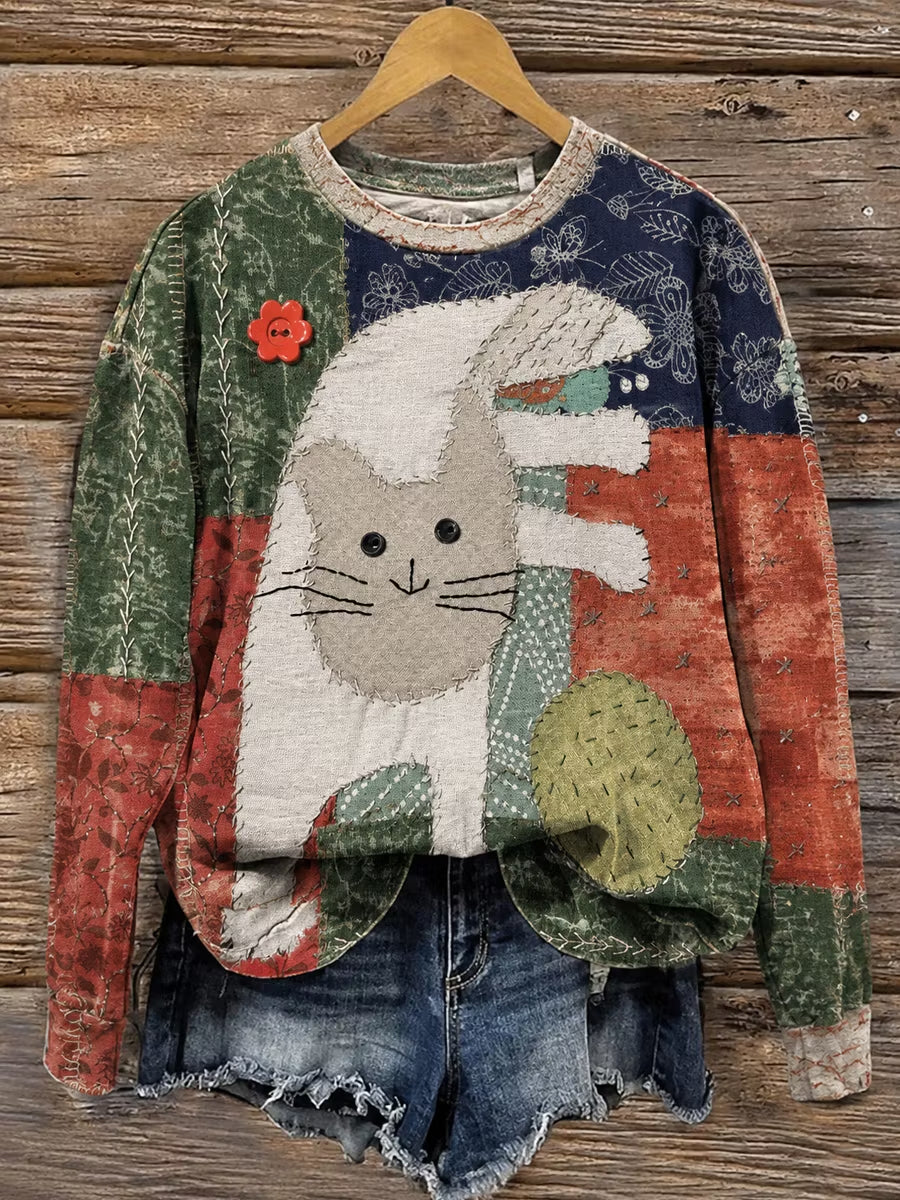Women's Fabric Art Vintage Style Cat Print Sweatshirt