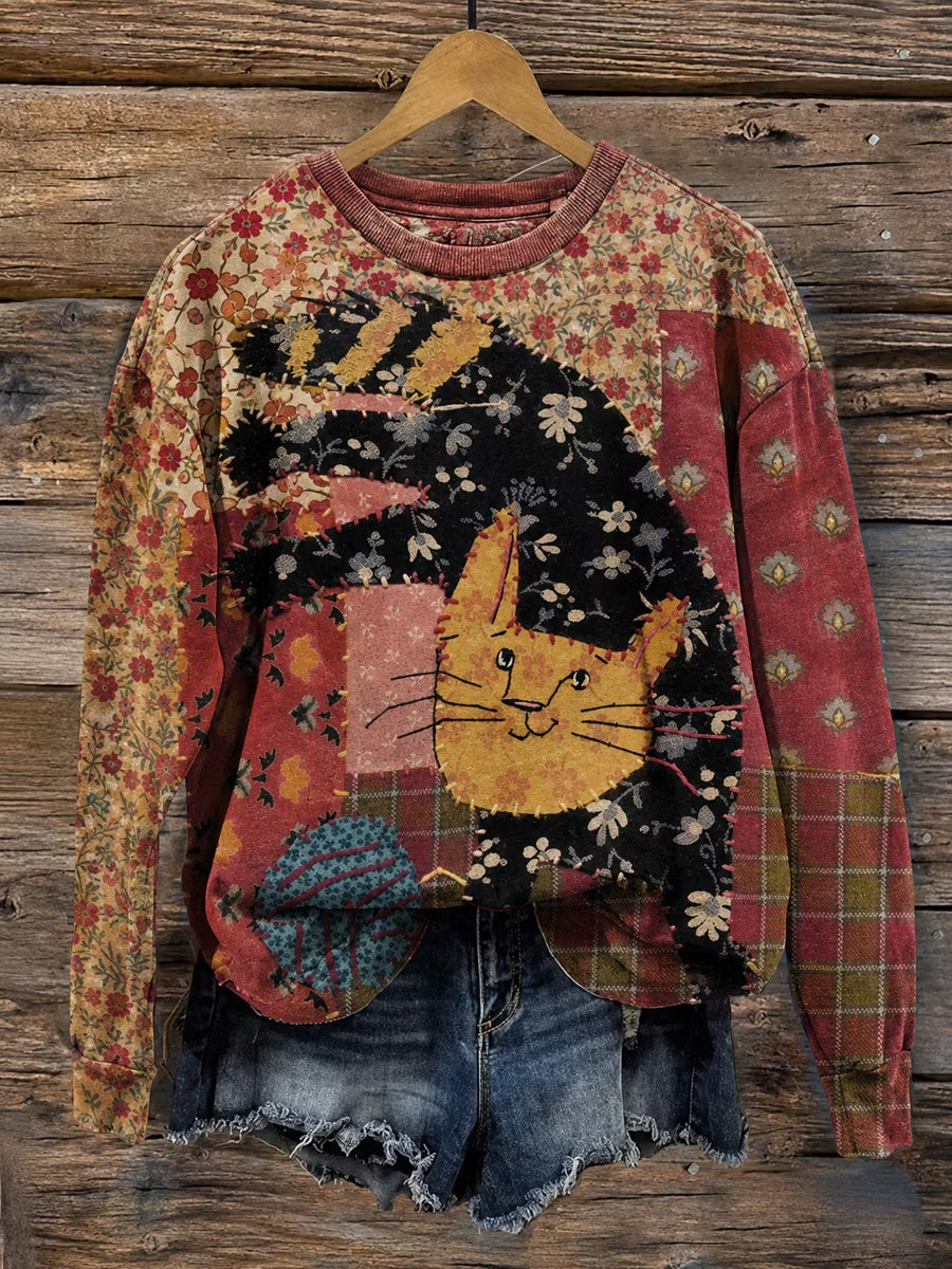 Women's Fabric Art Vintage Style Cat Print Sweatshirt