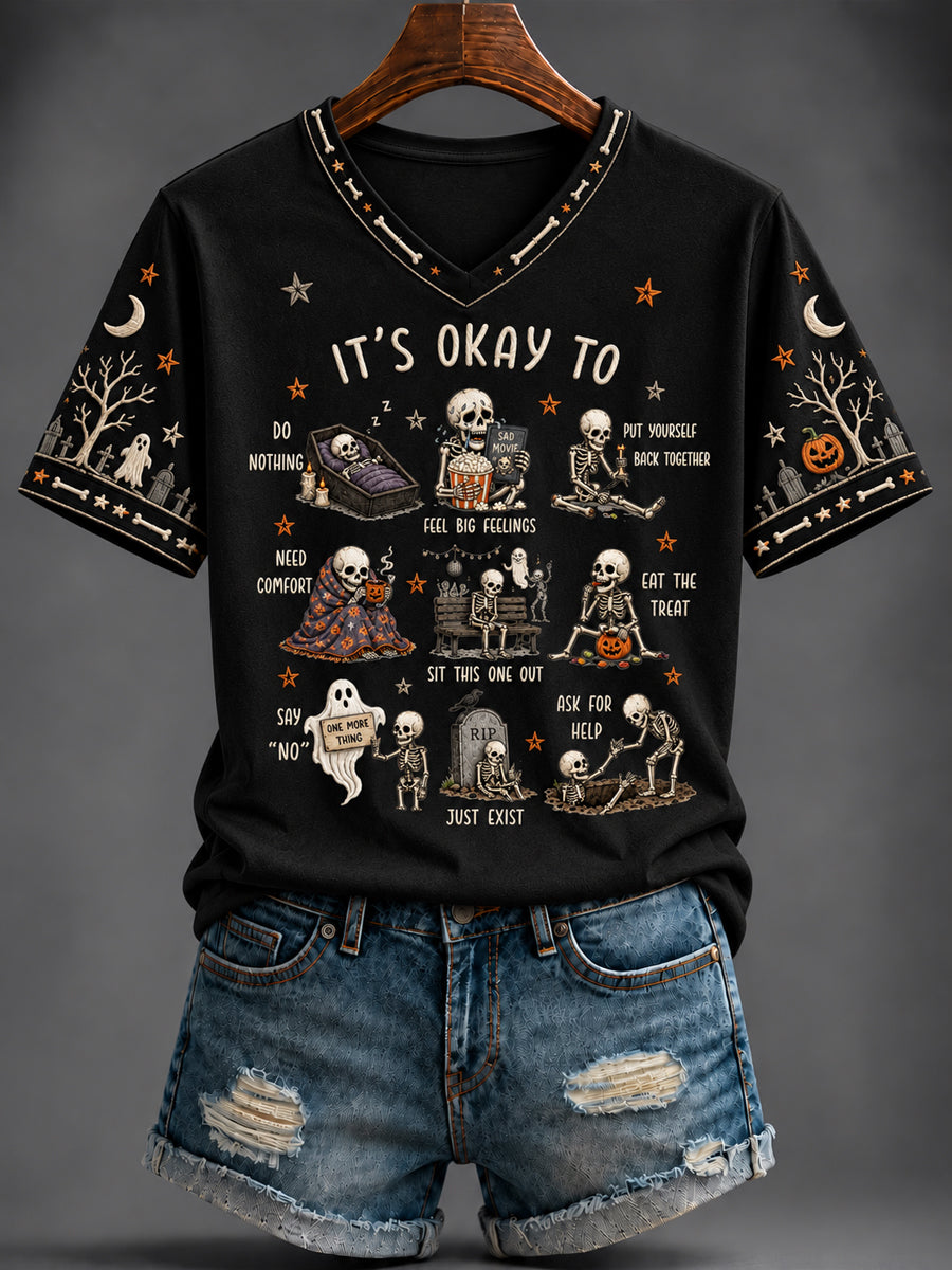 Women's Halloween Printed V-neck T-shirt