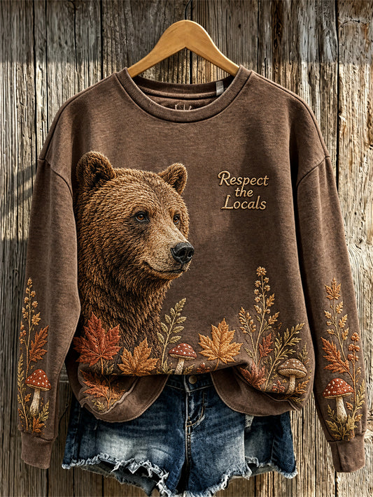 Women's Respect The Locals Forest Bear & Plants Print Sweatshirt