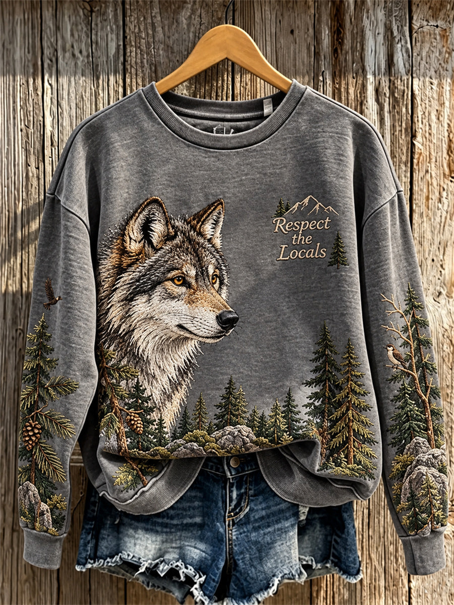 Women's Respect The Locals Forest Wolf & Landscape Print Sweatshirt