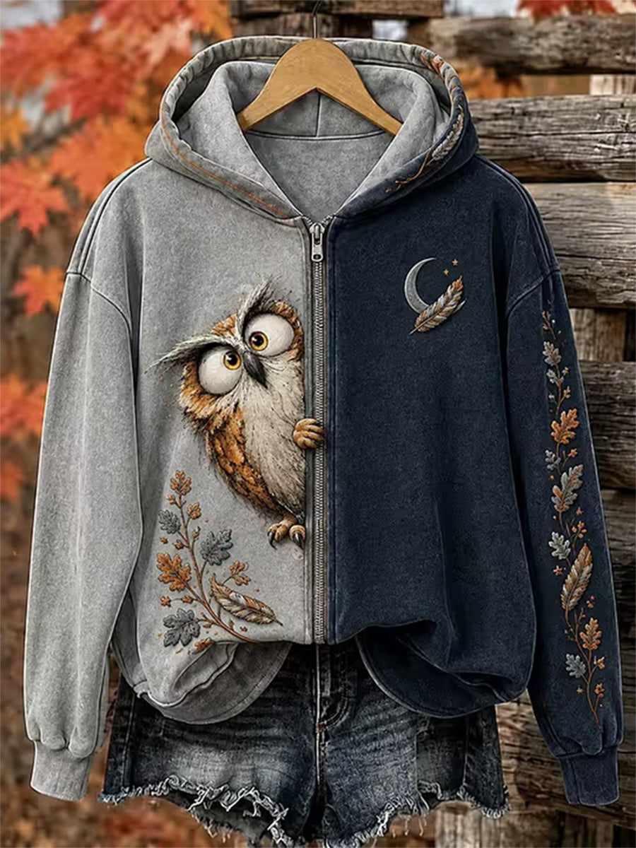 Women's Autumn Owl Print Casual Zip-Up Hoodie