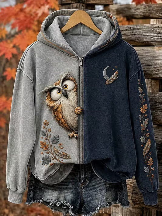 Women's Autumn Owl Print Casual Zip-Up Hoodie