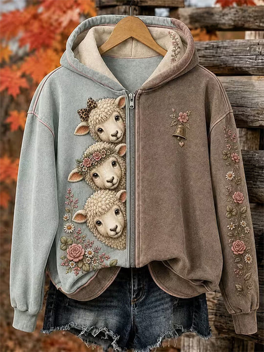 Women's Autumn Sheep Print Casual Zip-Up Hoodie