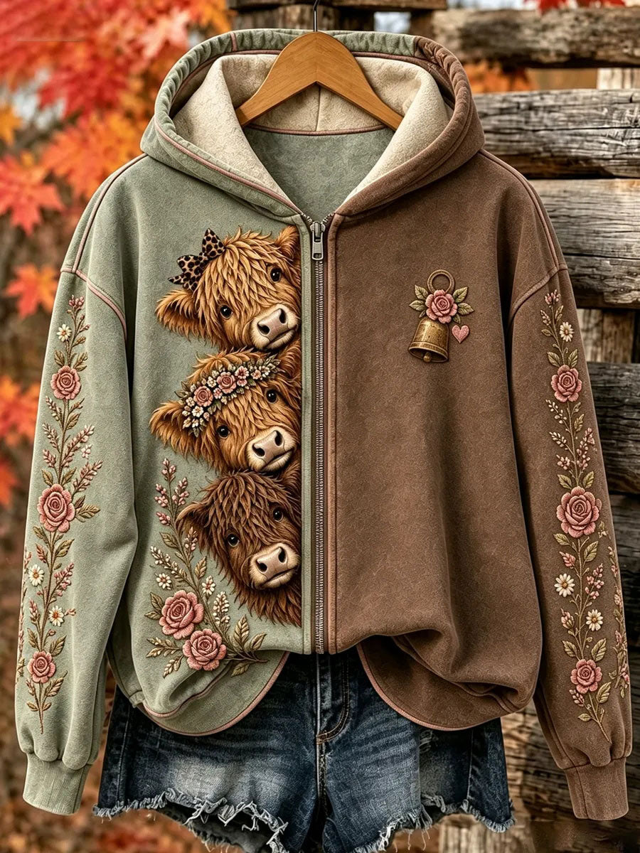 Women's Fluffy Highland Cow Printed Zipper Hoodie